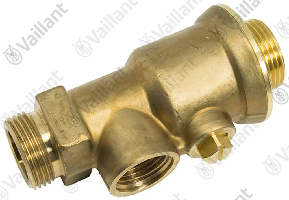 Wartungshahn von Vaillant aus Messing, mit mehreren Anschlussgewinden und seitlichem Anschluss, geeignet für Hochdrucksysteme bis 10 bar.